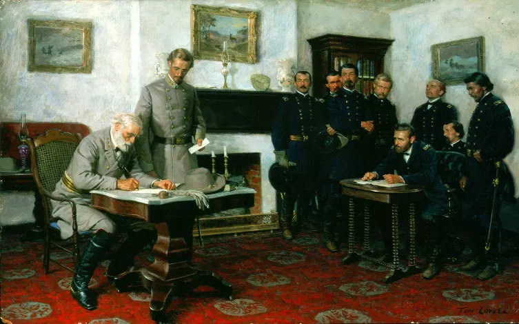 painting of man in grey uniform signing a document with another man standing nearby, and a group of men in dark uniforms across the room
